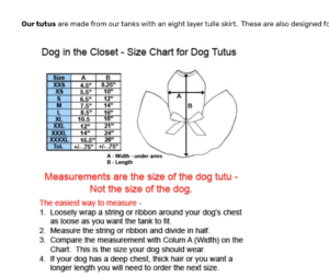 Dog in the Closet Tutu Size Chart