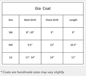 Gia Dog Coat Size Chart