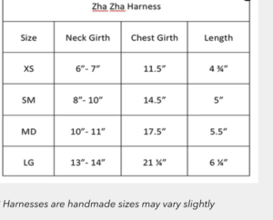 Zha Zha Dog Harness Size Chart