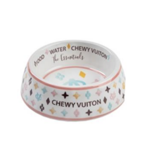 White Chewy Vuiton Pet Dining Bowls