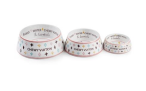 White Chewy Vuiton Pet Dining Bowls